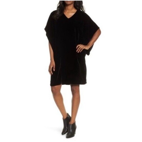Eileen Fisher $338 V Neck Kimono Dress L Velvet Black Knee Length Party Holiday - Picture 1 of 9
